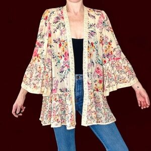 Torrid Colorful Beige Floral Lace Trim Bohemian Bell Sleeve Open Cardigan